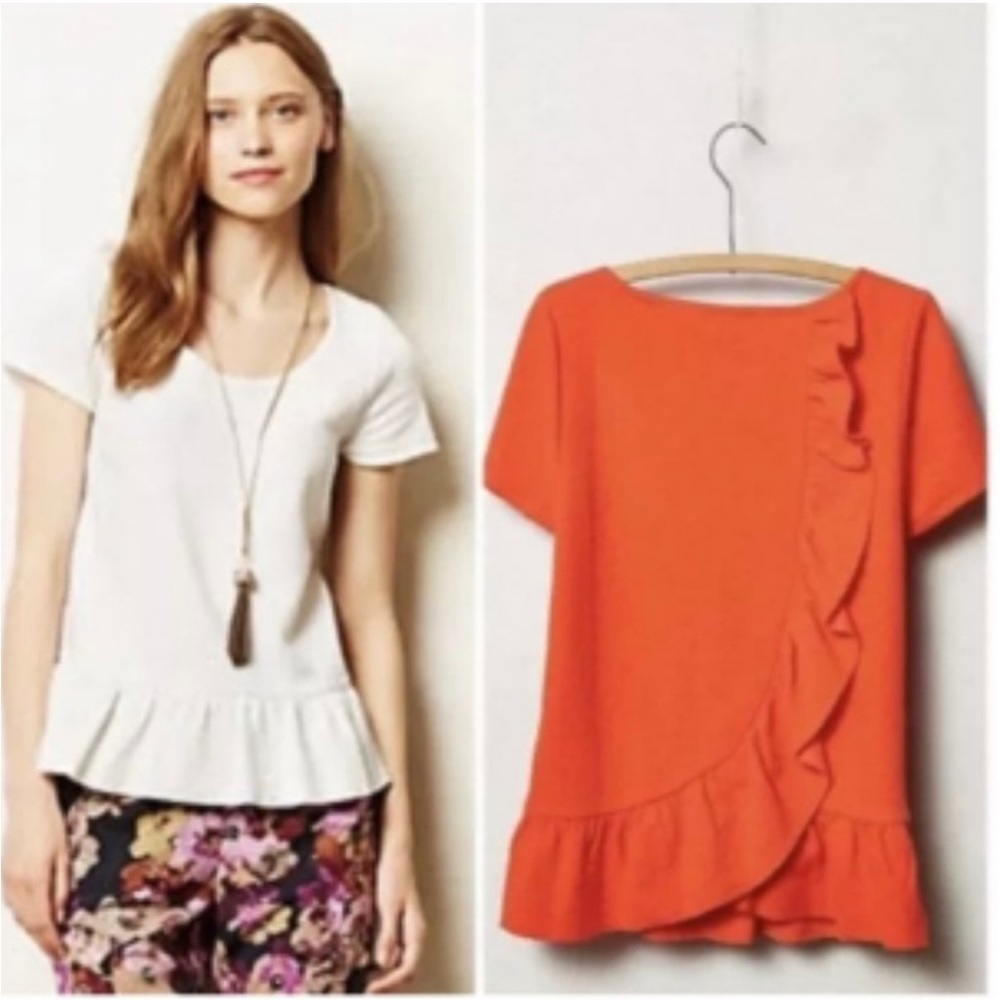 Anthropologie Postmark Orange Peplum Ruffle Women's Top Preppy Romantic Size XS